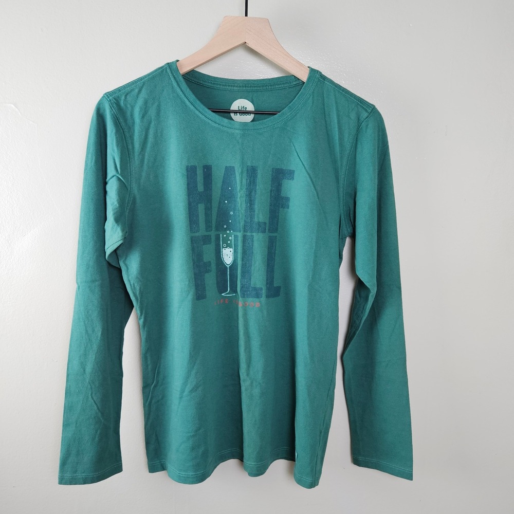 Life Is Good 'Half Full' Champagne Long Sleeve Tee Sz M Green Graphic T-Shirt